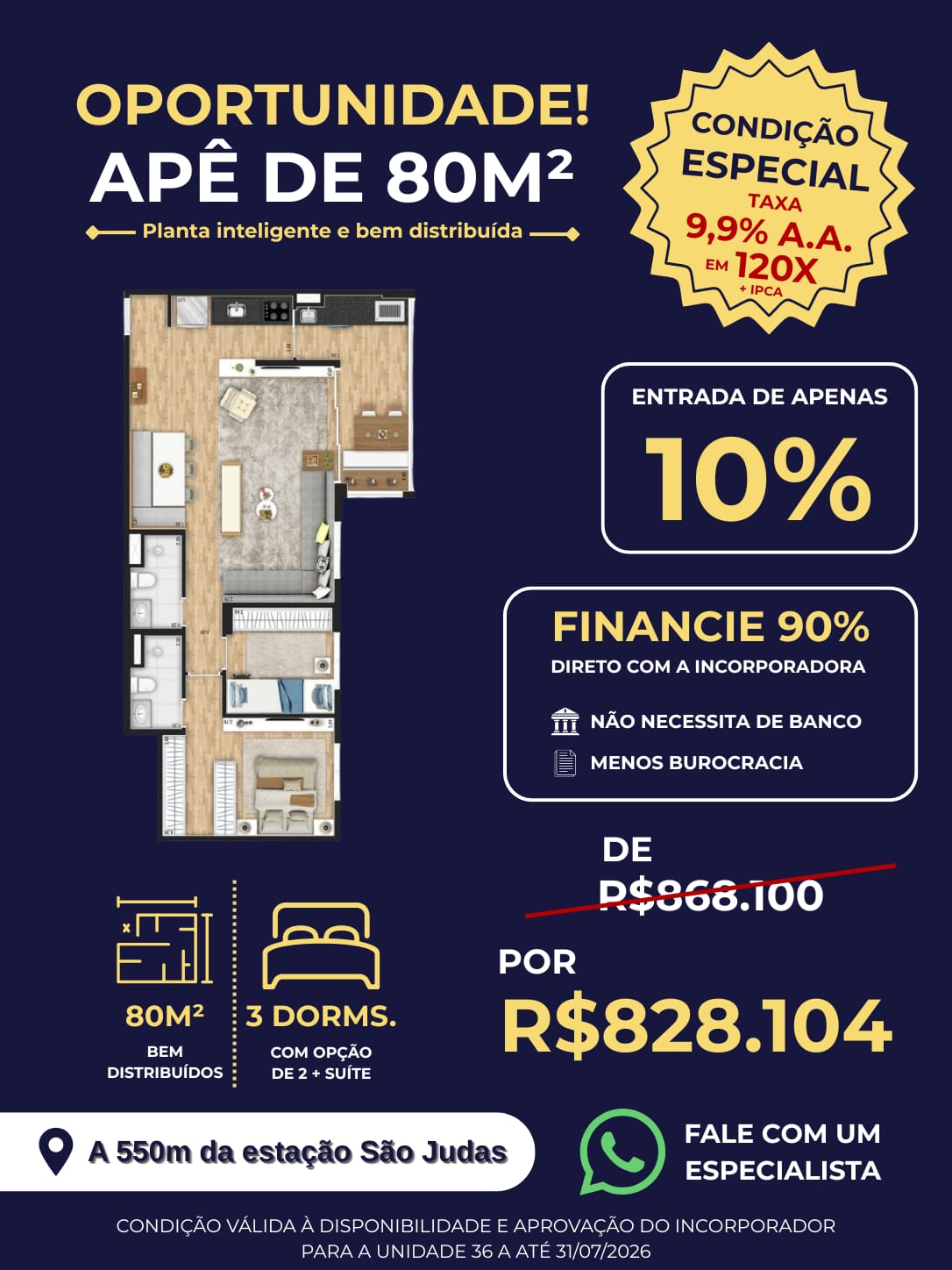 Apê 80m² — 3 dorms. — A 550m da estação São Judas | Fernandez Mera