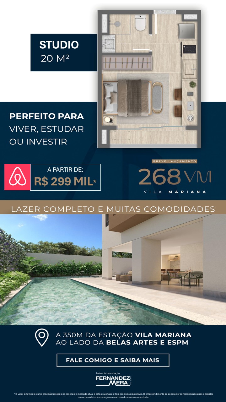 268VM Vila Mariana — studio de 20 m² a partir de R$ 299 mil
