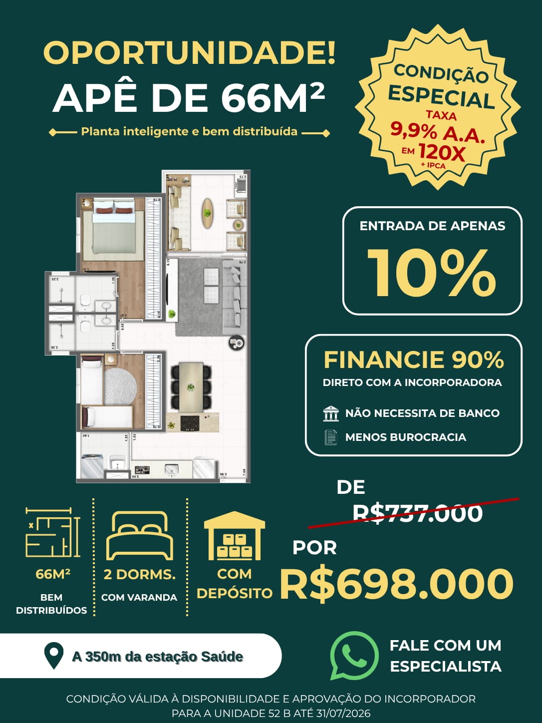 Apê 66m² — 2 dorms. com depósito — A 350m da estação Saúde | Fernandez Mera