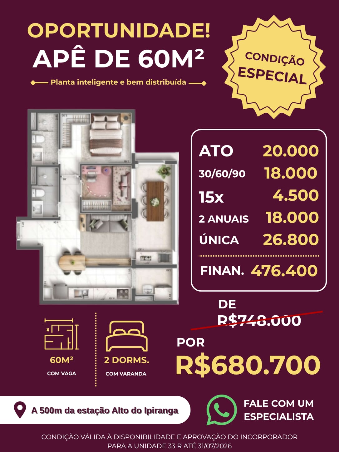 Apê 60m² — 2 dorms. — A 500m da estação Alto do Ipiranga | Fernandez Mera