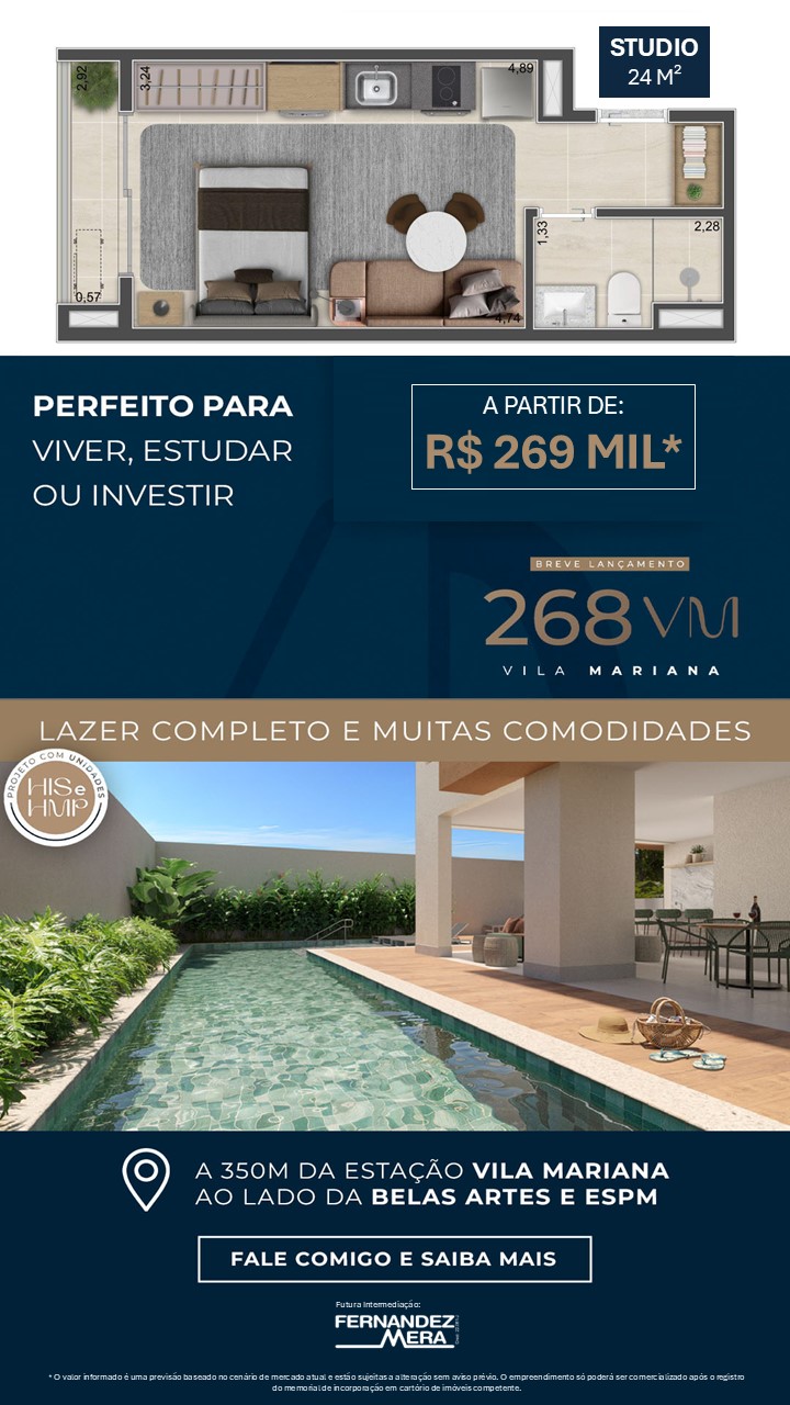268VM Vila Mariana — studio de 24 m² a partir de R$ 269 mil