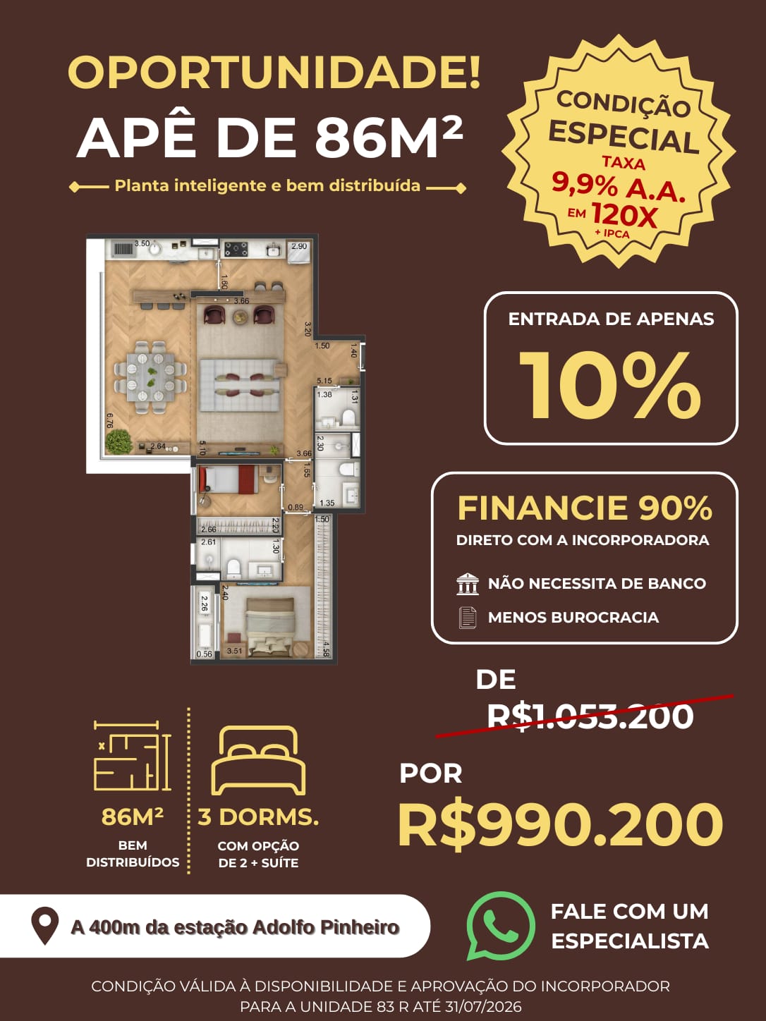 Apê 86m² — 3 dorms. — A 400m da estação Adolfo Pinheiro | Fernandez Mera