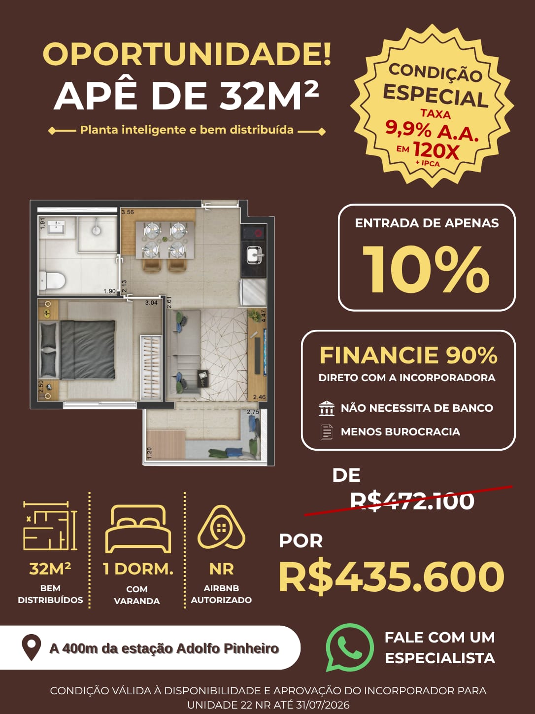 Apê 32m² — 1 dorm. NR Airbnb — A 400m da estação Adolfo Pinheiro | Fernandez Mera