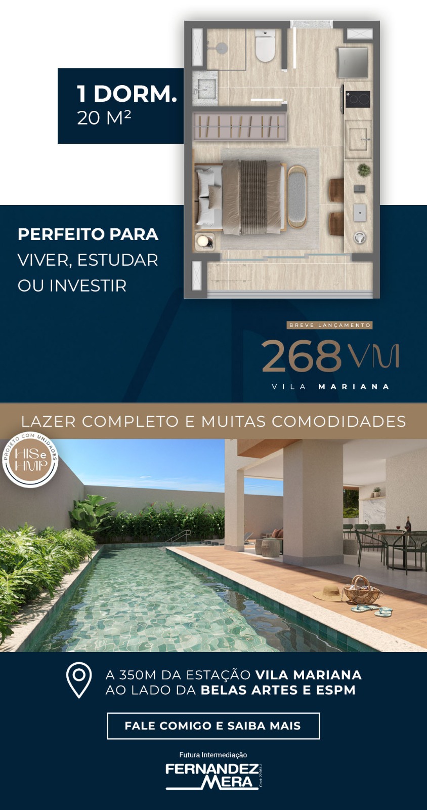 268VM Vila Mariana — planta de 1 dormitório de 20 m², perfeito para viver, estudar ou investir