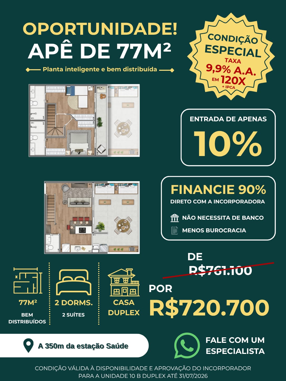 Casa Duplex 77m² — 2 suítes — A 350m da estação Saúde | Fernandez Mera