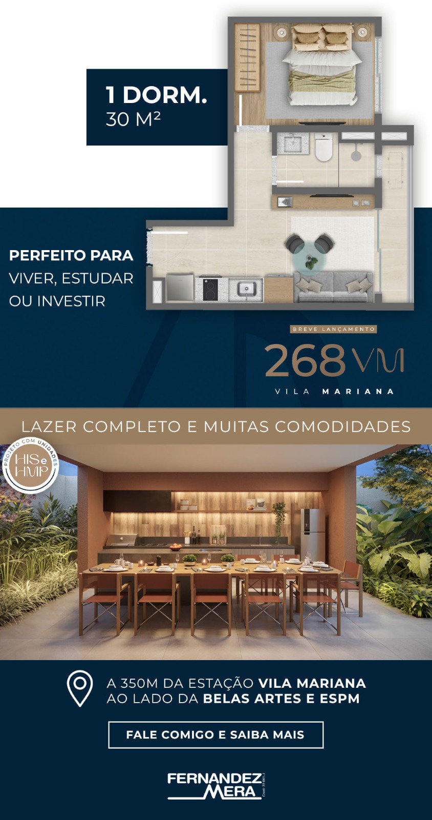 268VM Vila Mariana — planta de 1 dormitório de 30 m² ao lado da Belas Artes e ESPM