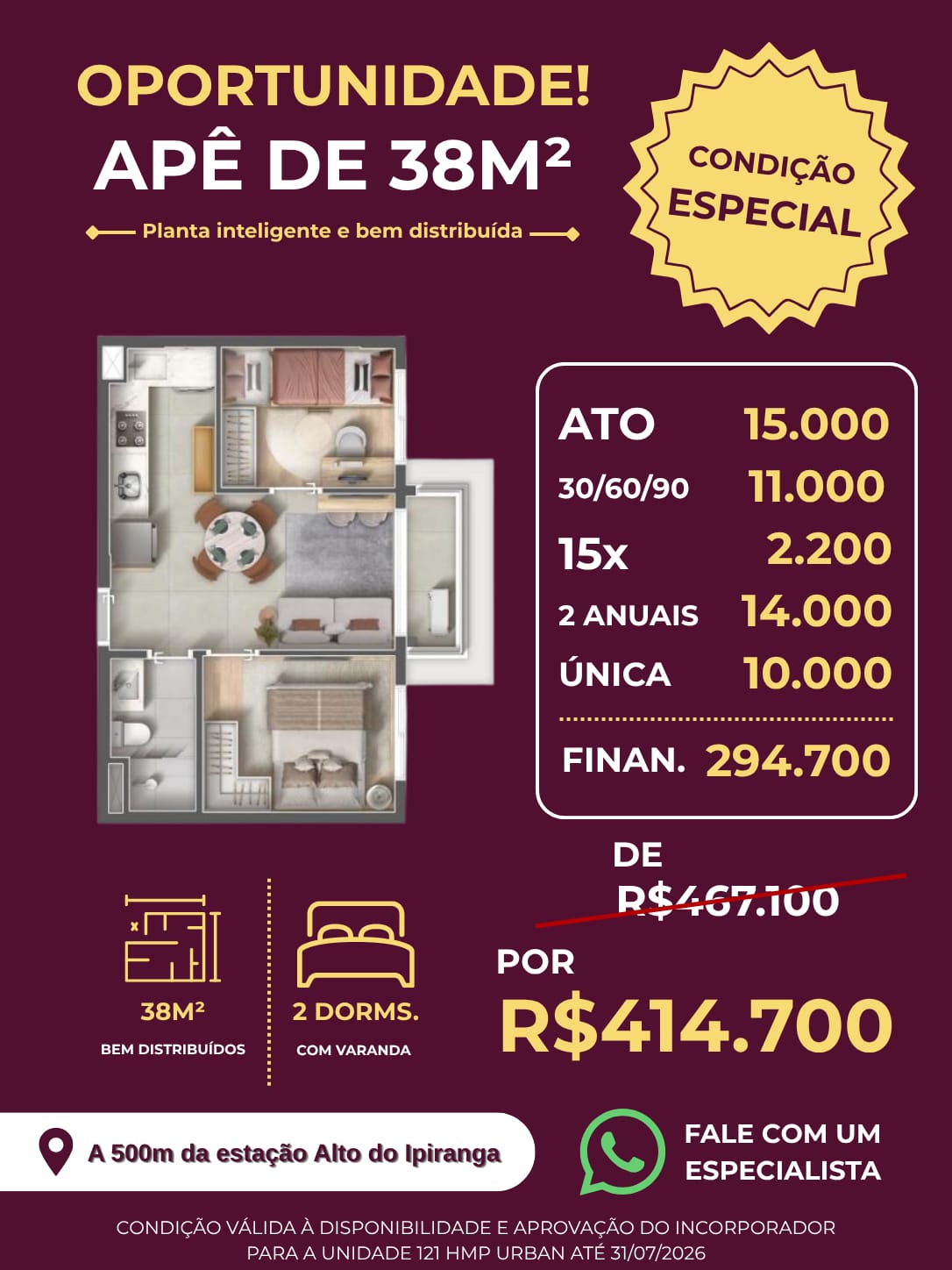 Apê 38m² — 2 dorms. — A 500m da estação Alto do Ipiranga | Fernandez Mera