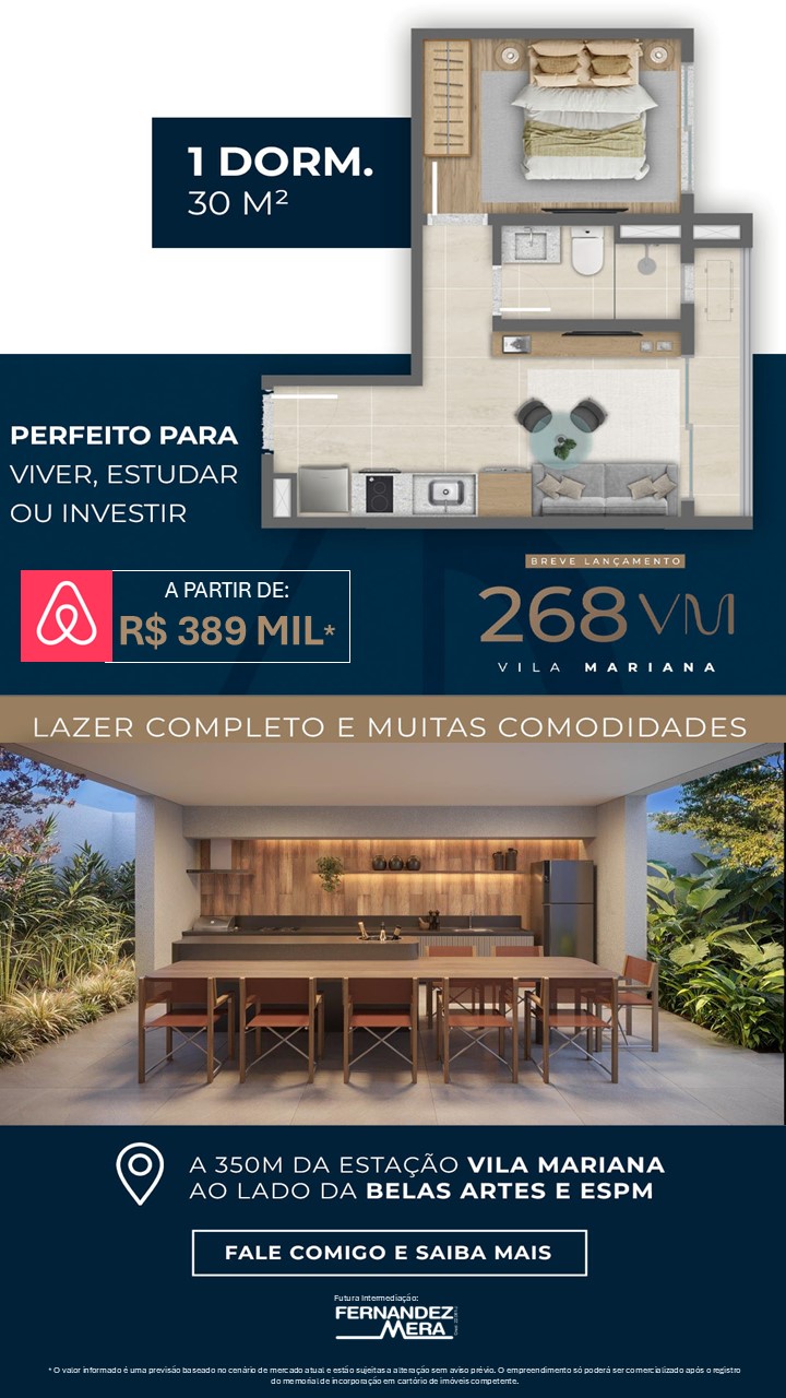 268VM Vila Mariana — apartamento de 1 dormitório e 30 m² a partir de R$ 389 mil